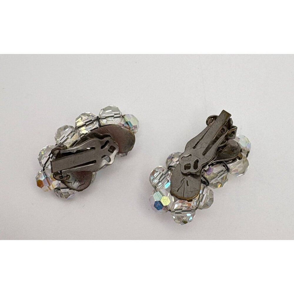 Vintage Aurora Borealis Clip On Earrings Faceted Beads Kidney Shaped Iridescent - Picture 2 of 6